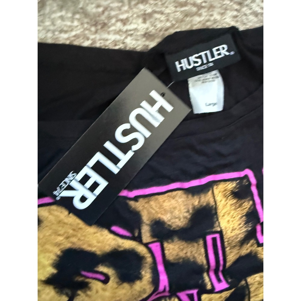 Y2K Hustler‎ Honey Graphic Crop Top Black Leopard Print Pink Logo Off Shoulder L - Picture 4 of 7